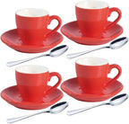 homEdge Porcelain Espresso Shot Cup Set with Saucers and Stainless Steel Spoons - 80 ml / 2.67 oz, Set of 4, Red