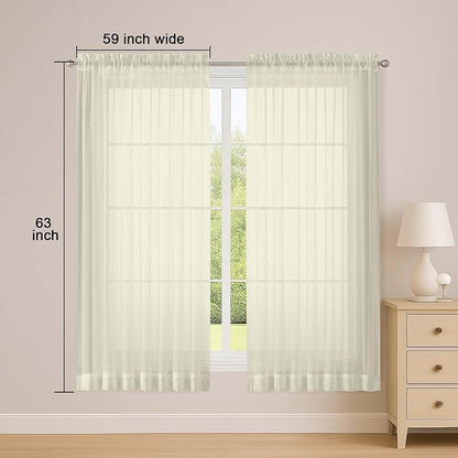 Sheer Cream Curtains, Sheer Curtains 63 inch Length 2 Panels Set, Rod Pocket - Image 2