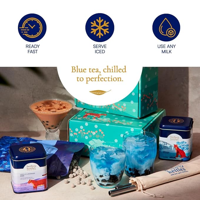 Herbs & Kettles Lavish Blue Tea Boba Kit | Butterfly Pea Flower Tea with Green Tea, Lemongrass, Ginger & Mint + Chewy Tapioca Pearls | DIY Color-Changing Bubble Tea Kit with Reusable Straws |