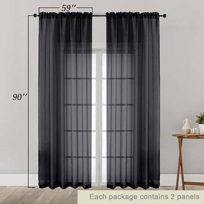 Black Sheer Curtains 90 Inches Long 2 Panels Set - Image 2