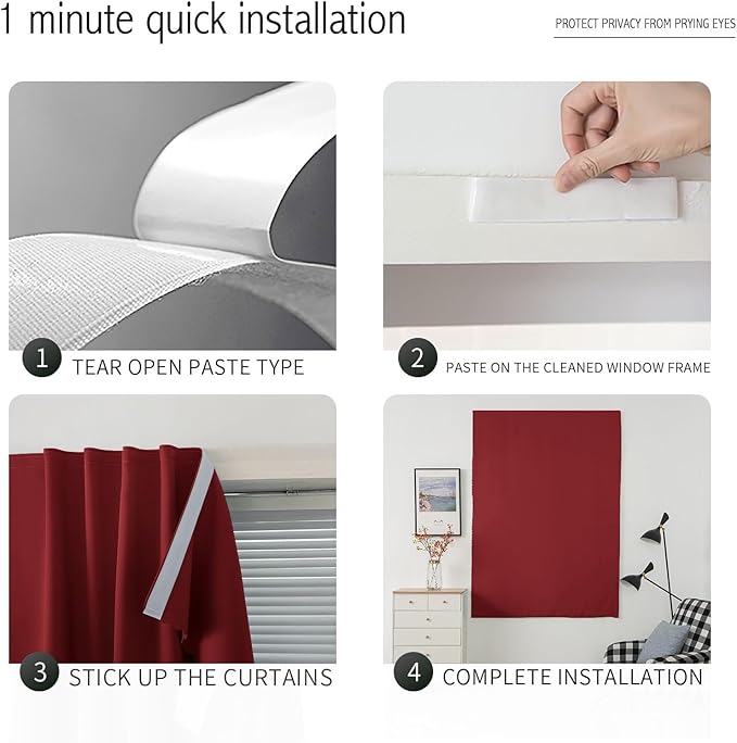 Thermal Blackout Curtains with Self-Adhesive Tape, No Rod No Drill Easy Install - Image 4