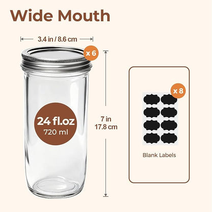 ComSaf 24 oz Mason Jars Wide Mouth 6 Pcs, Large Canning Jars with Seal Bands, 24 oz Glass jar with Lid for Jam, Sauce, Juice, Coffee, Pickling, Fruit, Dessert, Kitchen Storage, Vanilla Extract