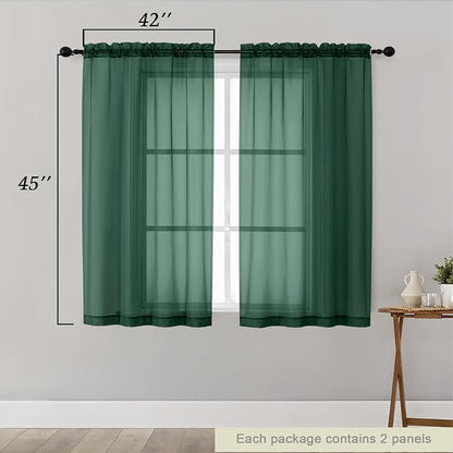 Hunter Green Sheer Curtains for Bedroom Living Room 45 Inch Length 2 Panels - Image 2