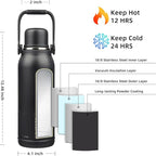 BJPKPK Insulated Water Bottle 50oz Vacuum Insulated Stainless Steel Water Bottles with Handle and Lid Travel Metal Thermos for Outdoor Sports,Black