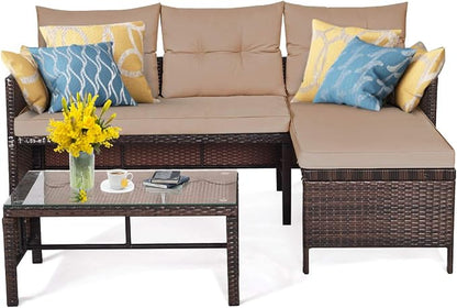 Tangkula Patio Corner Sofa Set 3 Piece, Outdoor Rattan Sofa Set, Includes - Image 8