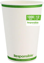 12 oz Paper Hot Cups, Tree-Less™ Compostable Paper Coffee Cups, Extra Strength, Tree-Free and Made Without PFAS, White (1000 Count)