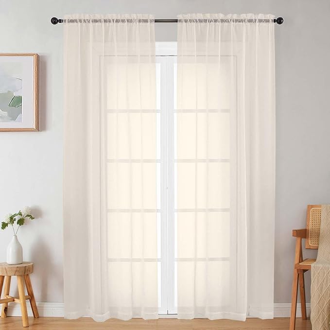 Sheer Cream Curtains for Bedroom Living Room 90 Inches Long 2 Panels Set by WelvetBLK
