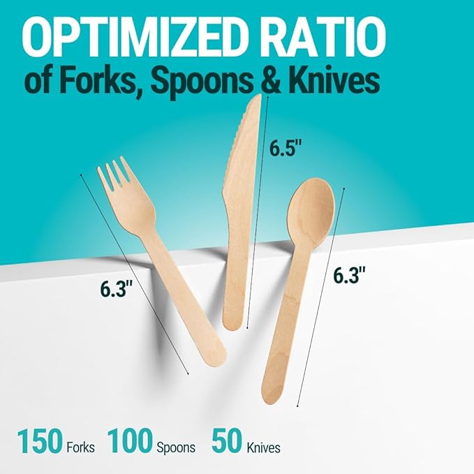 300pcs Disposable Wooden Cutlery Set (150 Forks, 100 Spoons, 50 Knives) Our Heavy Duty Compostable Wood Utensils is FSC Certified Protecting Forests. Zero Plastic Cutlery For Any Occasion