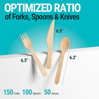 300pcs Disposable Wooden Cutlery Set (150 Forks, 100 Spoons, 50 Knives) Our Heavy Duty Compostable Wood Utensils is FSC Certified Protecting Forests. Zero Plastic Cutlery For Any Occasion
