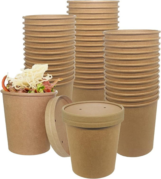 50 SET 16OZ Kraft Dessert Cups with Lids Compostable Paper Food Cup with Vented Lid, Pint Frozen Dessert Containers Ice Cream Cups with Lids, Great For Restaurants, Take Outs, or To-Go Lunch