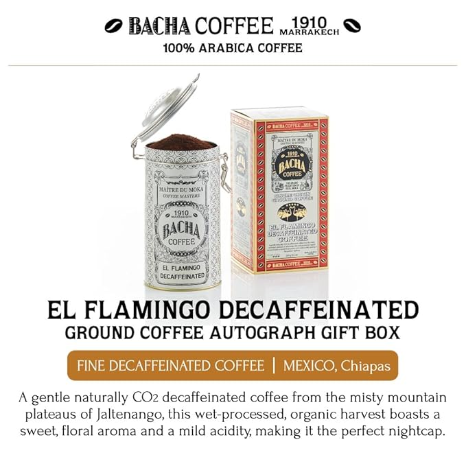 Bacha Coffee | El Flamingo Single Origin Decaffeinated Coffee, Autograph Collection, 100% Arabica Specialty Coffee, Ground Beans, Medium Dark Roast, 250g & 100% Natural Wood Fibre Paper Filters