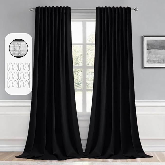 MIULEE Black Back Tab Blackout Curtains 52x108 Inch Long 2 Panels Set | Rod by MIULEE