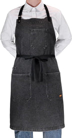 Cooking Apron with Pockets Mens Womens Professional Kitchen Bib Apron for Chef Grill BBQ (Black Denim -2)