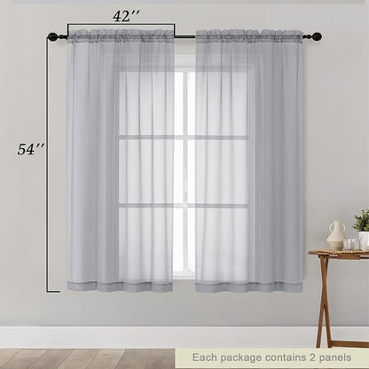 Sheer Light Grey Curtains for Bedroom Living Room 54 Inch Length 2 Panels Set - Image 2