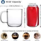 Aquach Glass Mugs 16 oz Set of 2, Large Clear Glass Cup with Handle for Hot/Cold Coffee Tea Beverage, Drinking Glasses