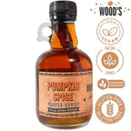WOOD'S Pumpkin Spice Maple Syrup – Small-Batch Vermont Maple Syrup Infused with Cozy Fall Spices | Natural, Vegan Sweetener for Coffee, Pancakes, Baking & More | 8.45 Fl Oz (250mL)