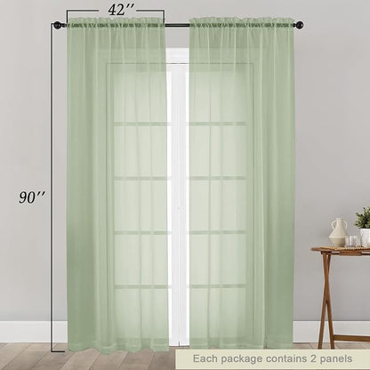 Sheer Light Green Curtains for Bedroom Living Room 90 Inches Long 2 Panels Set - Image 2