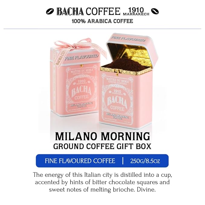 Bacha Coffee | Milano Morning Fine Flavoured Signature Nomad Collection, 100% Arabica Specialty Coffee, Ground Beans, Medium Roast, 250g