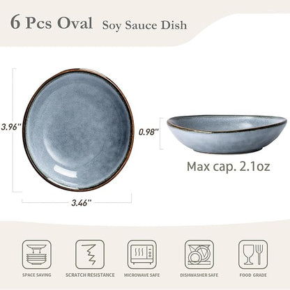 famiware Ocean Soy Sauce Dishes of 6, Oval Dipping Sauce Cups/Bowls/Dishes for Kitchen, 2.1oz Ceramic Small Bowls for Side Dish, Appetizers, Snacks, and Sushi, Reactive Glaze, Dishwasher Safe, Blue