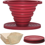 Collapsible Pour Over Coffee Dripper Set - Silicone Reusable Cone Filter Holders with 100Pcs Paper Filters - For Home, Camping, Travel, Office (1, Red)