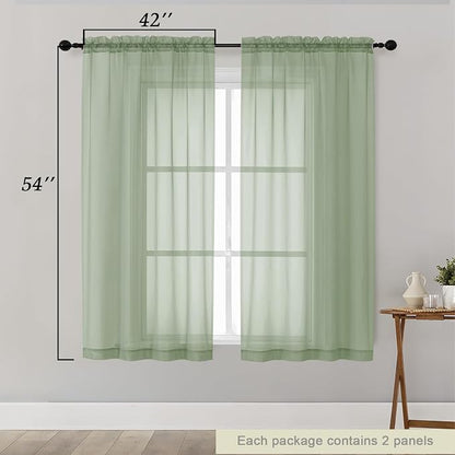 Sheer Sage Green Curtains for Bedroom Living Room 54 Inch Length 2 Panels Set - Image 2
