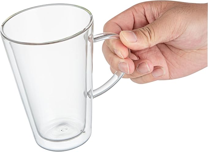 Restaurantware-Forma Professional 13.5 oz Double Wall Glass Mugs, 12 Insulated Coffee Mugs With Handle - Dishwashable, Reusable, Clear Glass Beverage Cups, Freezable, For Hot Or Cold Beverages