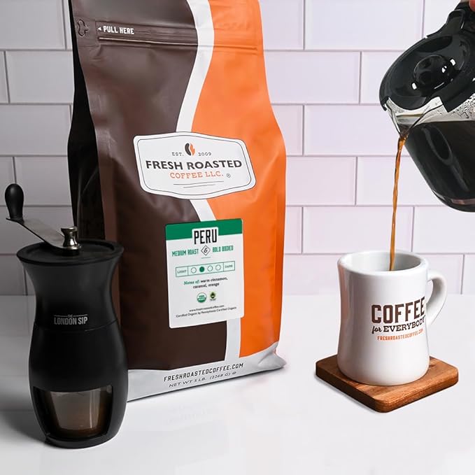 Fresh Roasted Coffee, Organic Peru | Mold & Myco 3rd Party Tested, USDA Organic, Kosher | Med Roast 5 lb (80 oz) Whole Bean