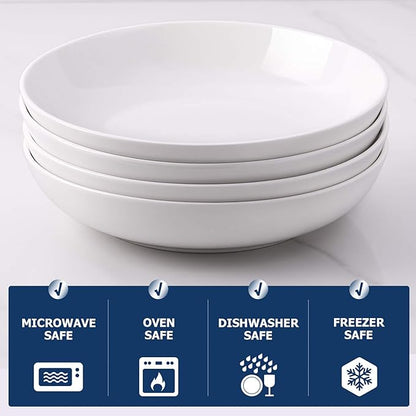 DOWAN 9.75" Pasta Bowls Set of 4, Large Shallow White Ceramic Salad Bowls, 50oz Wide Dinner Bowls for Pasta, Soup, Salad & Stew, Microwave & Dishwasher Safe, Housewarming Gift(Soft White)