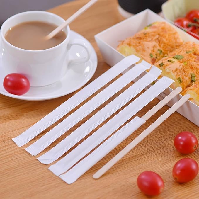 200pcs Individually Wrapped Coffee Stirrers Wood - 5.5" Coffee Stir Sticks, Round End Disposable coffee stirrer, For Coffee, Cocktail and Hot Drinks