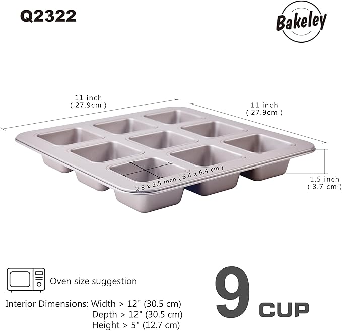 Brownie Cake Pan, 9-Cavity Non-Stick Square Muffin Pan Blondie Bakeware for Oven Baking (Champagne Gold)