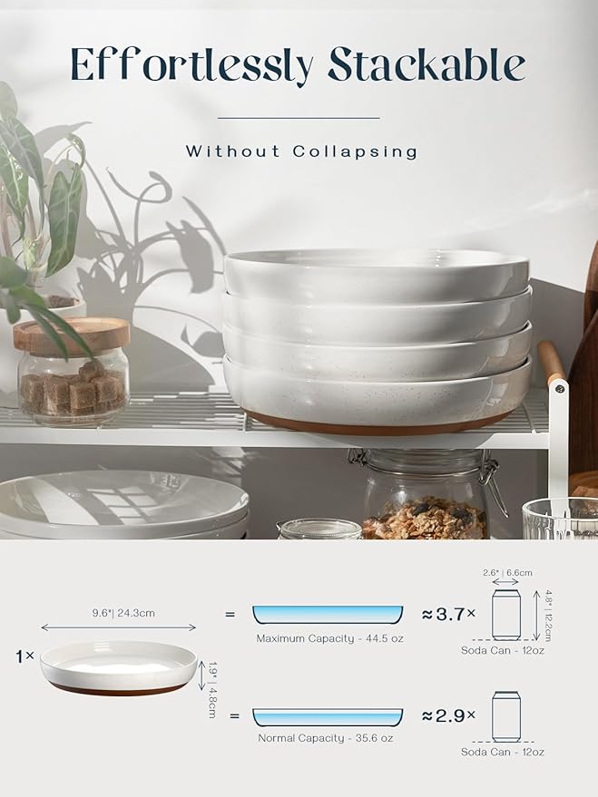 DOWAN 9.6" Ceramic Pasta Bowls Set of 4, Large Shallow White Dinner Bowls with Sesame Glaze Finish, Wide Bowl Plates for Pasta, Salad, Soup & Stew, Microwave & Dishwasher Safe, Housewarming Gift