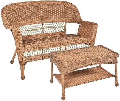Jeco Wicker Patio Love Seat and Coffee Table Set in Honey Without Cushion by Jeco