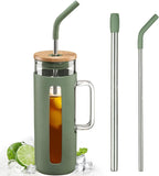 Kodrine Tumbler with Lid and Straw, 20 oz Glass Coffee Tumbler with Handle, Smoothie Cup with Bamboo Lid | Time Marker | Silicone Protective Sleeve, BPA Free - Olive
