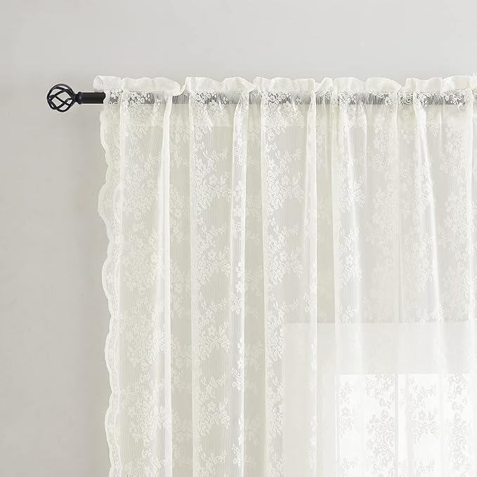YJ YANJUN Vintage Lace Curtains 72 Inches Long- Antique Flowers Ivory Sheer - Image 3