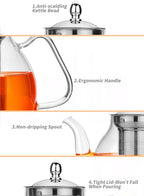 TETWIN Glass Teapot Including 6 Blooming Flower Tea Balls, Stovetop Safe Tea Pot with Removable Infuser for Loose Leaf Tea, 1000ml / 33.8oz