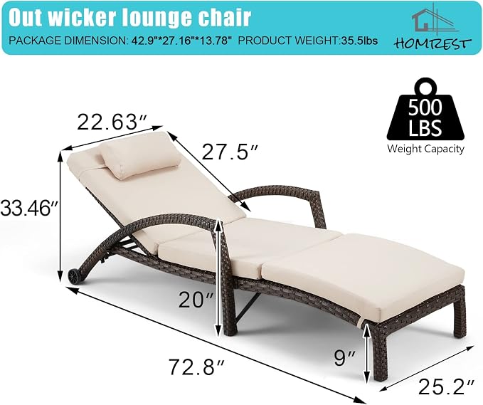 HOMREST Chaise Lounge Chairs Set of 6, PE Rattan Wicker Lounge Chair - Image 3