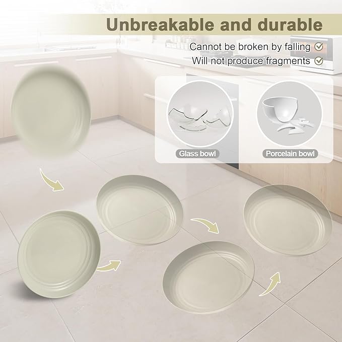 12 Pcs Unbreakable Deep Dessert Plates Set, 8 inch Reusable Plastic Wheat Straw Plates, Microwave and Dishwasher Safe Plate for Kitchen, Lightweight Plate for Dessert, BPA Free, 4 Colors