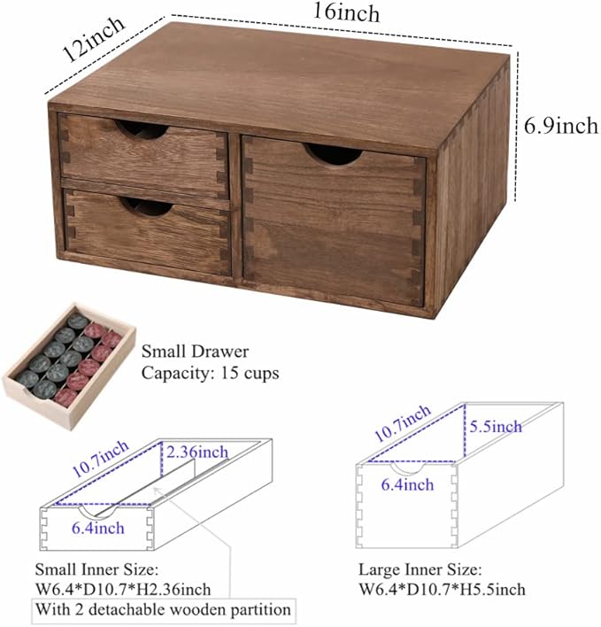 Coffee Pods Storage Drawer Holder for Capsules - Multi Functional Desk Organizer Drawers For K-Cup Coffee Maker Brew - Kitchen Mini Wooden Box Chest Sideboard Counter Organization CF2D3C Dark