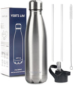 Insulated Water Bottle,17oz Stainless Steel Water Bottles with straw lid, Metal Sports Water Bottles for Boys,Girls, Double Wall Vacuum BPA-Free Flask for School, Sports(SLIVER)