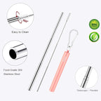 2 Pack Reusable Metal Straws Collapsible Stainless Steel Drinking Straw Travel Portable Telescopic Straw with Case for Cruise Ship Essentials Black/Rose Gold