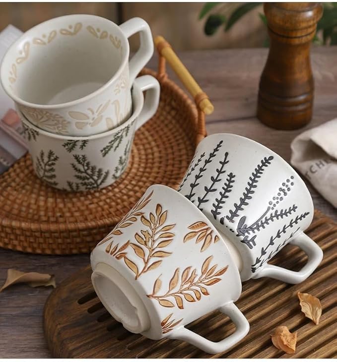 Ceramic Mug Set of 4 with Coffee Spoon, 11oz - Vintage Coffee Mug Cups for Coffee Milk Latte Cappuccino Tea, Porcelain Coffee Cups Dishwasher Microwave Freezer Safe Stoneware