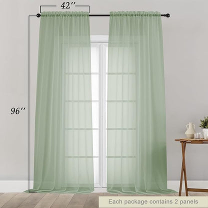 Sage Green Sheer Curtains for Bedroom Living Room 96 Inches Long 2 Panels - Image 2