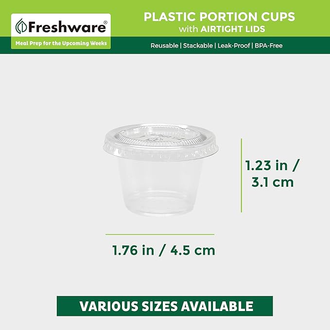 Freshware Plastic Portion Cups with Lids [1 Ounce, 200 Sets] Disposable Plastic Cups for Meal Prep, Salad Dressing, Jellos Shot Cups, Souffle Cups, Condiment and Dipping Sauce Cups