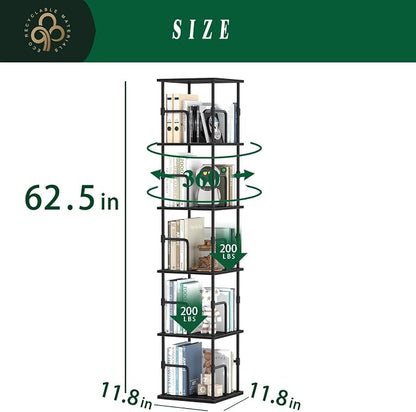 5-Tier Rotating Bookshelf, Freestanding Corner Bookshelf Industrial Style - Image 2