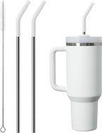 Metal Straw with Silicone Tip for 40oz Stanley Cup, 2 Pcs Stainless Steel Straws Replacement for Stanley 40 oz Adventure Quencher Travel Tumbler Cup, 1 Straw Brush (White)