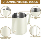 Frothing Milk Pitcher, 20 oz/600 ml Stainless Steel Frothing Milk Jug with Latte Art Pen,with Internal Measurements, for Cappuccino-White