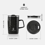 Ideus Vacuum Insulated Coffee Mug, 16oz Reusable Stainless Steel Thermal Double Walled cup with Handle and Slider Lid for Hot & Cold Beverages, BPA Free (Leapord Black)