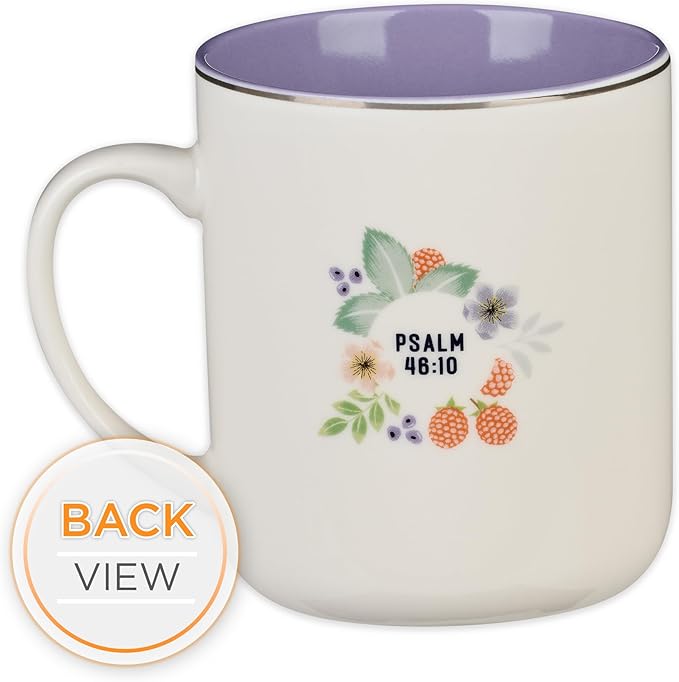 Christian Art Gifts Purple Ceramic Coffee Mug with Silver Rim – 14 oz. Lead & Cadmium-free Non-toxic Inspirational Scripture Coffee and Tea Mug for Women with Bible Verse: Be Still & Know –Psalm 46:10