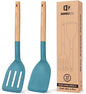 Pack of 2 Silicone Cooking Spatula, Heat Resistant Solid Turner, Non Stick Slotted Spatulas with Wooden Short Handle,Ideal Wood Kitchen Utensils Set for Frying, Baking, Flipping, Turning