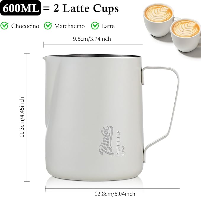 Milk Frothing Pitcher - 600ml/20oz Milk Frother Cup Espresso Steaming Pitcher for Barista, Bincoo SUS304 Stainless Steel Espresso Steaming Pitchers for Latte Art/Cappuccino/Coffee/Milk (White-600ml)